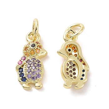 Brass Micro Pave Cubic Zirconia Pendants, with Jump Ring, Real 18K Gold Plated, Penguin Charms, Colorful, 14.5x7x3mm, Jump Ring: 5x0.8mm, Inner Diameter: 3.2mm