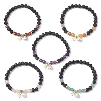 6mm Round Natural Lava Rock & Gemstone Beaded Stretch Bracelets, Round Shell Pearl and 304 Stainless Steel Star Charm Bracelets, Inner Diameter: 2-1/8 inch(5.45cm)