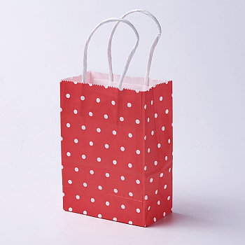 kraft Paper Bags, with Handles, Gift Bags, Shopping Bags, Rectangle, Polka Dot Pattern, Red, 33x26x12cm