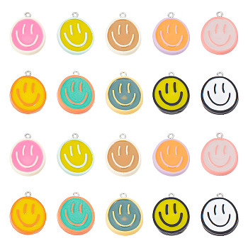 40Pcs 10 Colors Opaque Resin Enamel Pendants, Smiling Face Print Flat Round Charms with Platinum Plated Iron Loops, Mixed Color, 27~28x23x3.5~4.5mm, Hole: 2mm, 4pcs/color