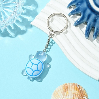 Tortoise Resin Keychain, with Platinum Iron Rings, Light Sky Blue, 10.6cm