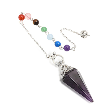 1Pc Natural Amethyst Hexagonal Pointed Dowsing Pendulums, with Platinum Plated Brass Findings, Faceted, Cone/Spike/Pendulum, 291mm
