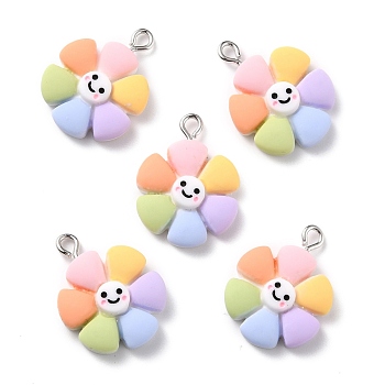 Resin Pendants, with Platinum Iron Peg Bail, Flower, Colorful, 24x18x5mm, Hole: 2mm