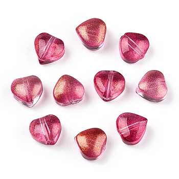 Transparent Spray Painted Glass Beads, with Glitter Powder, Heart, Crimson, 6x6x4mm, Hole: 0.7mm