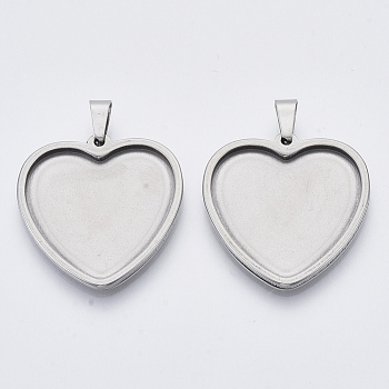 201 Stainless Steel Pendant Cabochon Settings, Plain Edge Bezel Cups, Heart, Stainless Steel Color, Tray: 23.5x25.5mm, 30x29x2.2mm, Hole: 3x6mm