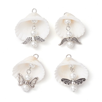 4Pcs 4 Styles Copper Wire Wrapped Shell Pendants, Angel Charms with Glass Pearl Beads & Alloy Wings, Antique Silver & Platinum, 33.5~34x27~30x11.5~13mm, Hole: 3.2~3.5mm, 1pc/style