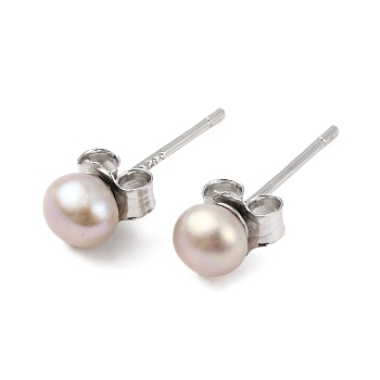 Natural Pearl Round Bead Stud Earrings, with Real Platinum Plated 925 Sterling Silver Findings, Thistle, 14x4~5mm