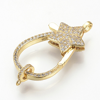 Brass Micro Pave Cubic Zirconia Lobster Claw Clasps, Star, Golden, 37x20x7mm, Hole: 3mm