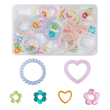 60Pcs 6 Style Acrylic Bead Frame, Heart/Flower, Mixed Color, 15~42.5x13~43x3.5~6mm, Hole: 1.6~2.5mm, 10pcs/style