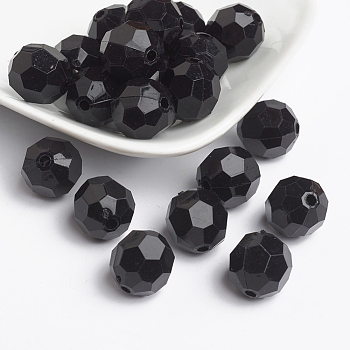 Opaque Acrylic Beads, Faceted Round, Black, Size:about 14mm in diameter, hole: 2mm