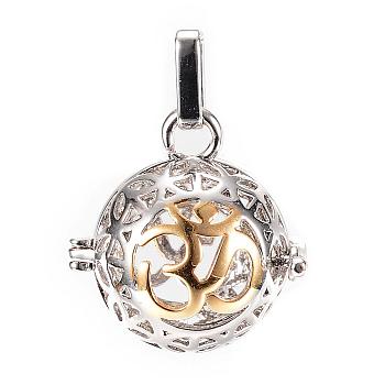 Rack Plating Brass Cage Pendants, For Chime Ball Pendant Necklaces Making, Hollow Round with Om Symbol, Platinum & Golden, 26x25x20mm, Hole: 3x7mm, inner measure: 18mm