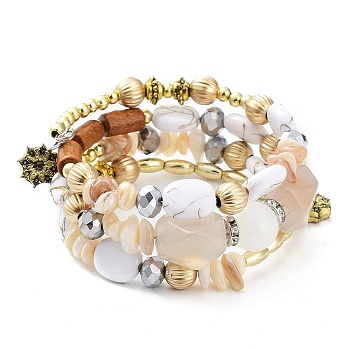 Alloy & Resin Beads Three Loops Wrap Style Bracelet, Bohemia Style Bracelet for Women, White, 7-1/8 inch(18cm)