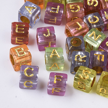 Transparent Plated Acrylic Beads, Horizontal Hole, Cube with Random Initial Letter, Mixed Color, 6x6x6mm, Hole: 3.5mm, about 3840pcs/500g