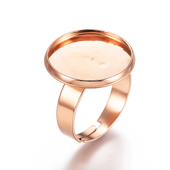 Adjustable 201 Stainless Steel Finger Rings Components, Pad Ring Base Findings, Flat Round, Rose Gold, Tray: 16mm, 18mm