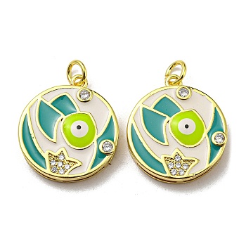 Real 18K Gold Plated Brass Pendants, with Cubic Zirconia and Enamel, Flat Round with Evil Eye Charms, White, 21x18.5x4mm, Hole: 3.5mm