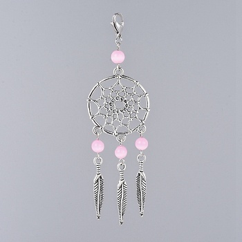 Alloy Big Pendants, with Cat Eye Beads and 304 Stainless Steel Lobster Claw Clasps, Woven Net/Web with Feather, Pink, 95mm