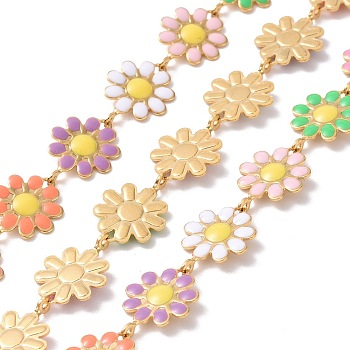 304 Stainless Steel Daisy Flower Link Chains with Enamel, Unwelded, Golden, Colorful, 14x10x1mm
