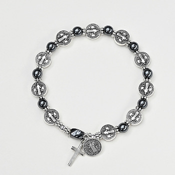 Alloy Charm Bracelets, Alloy & Synthetic Non-magnetic Hematite Beaded Stretch Bracelets for Men Women, Cross & Flat Round with Saint Benedict, Antique Silver, Inner Diameter: 3-1/8 inch(8cm)