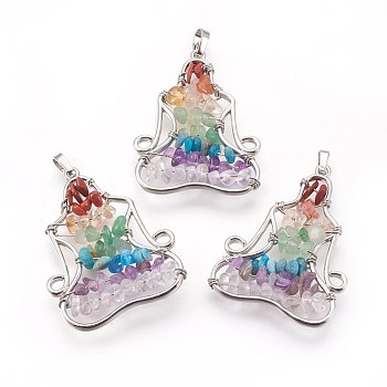 Natural & Synthetic Mixed Gemstone Chakra Pendants, with Brass Findings, Yoga, Platinum, 42x32x6mm, Hole: 7x4.5mm