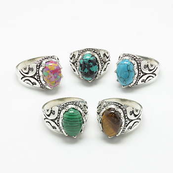 Natural & Synthetic Mixed Stone Wide Band Finger Rings, with Alloy Ring Findings, Oval, Antique Silver, Size 7~11, 17~21mm