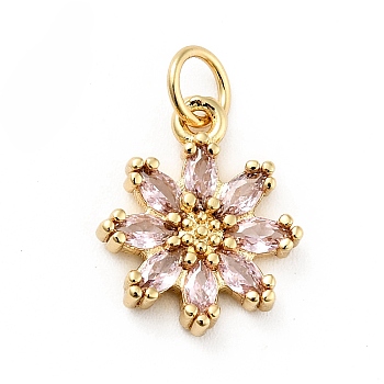 Rack Plating Brass Micro Pave Cubic Zirconia Charms, Long-Lasting Plated, Lead Free & Cadmium Free, Real 18K Gold Plated, Flower, Pink, 14.5x12x3mm, Hole: 3mm