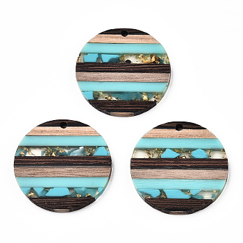Transparent Resin & Walnut Wood Pendants, with Gold Foil, Flat Round Charm, Turquoise, 30x3.5mm, Hole: 2mm