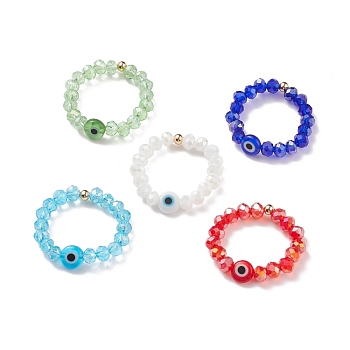 Lampwork Evil Eye & Glass Beaded Stretch Finger Ring for Women, Mixed Color, US Size 8 1/2(18.5mm)