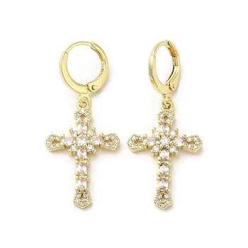Cross Real 18K Gold Plated Brass Dangle Leverback Earrings, with Cubic Zirconia and Glass, Clear, 39x17.5mm