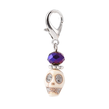 Halloween Synthetic Magnesite Skull Pendants Decorations, with Electroplate Transparent Glass Beads, Lobster Clasp Charms, for Keychain, Purse, Backpack Ornament, Floral White, 37mm, Skull: 12x12x9mm
