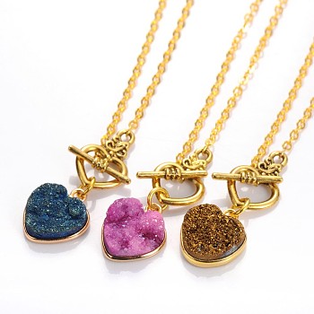 Valentine's Day Heart Electroplate Natural Druzy Crystal Lariat Necklaces, with Brass Cable Chains and Alloy Toggle Clasps, Mixed Color, 16.9 inch