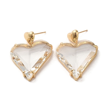 Brass Dangle Stud Earrings, Glass Heart Drop Earrings, Light Gold, 35x26mm