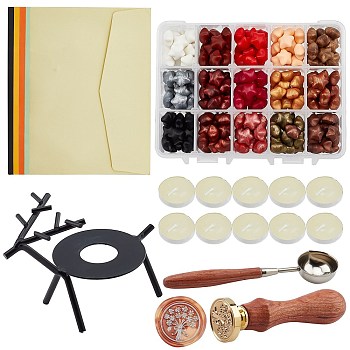 CRASPIRE DIY Stamp Making Kits, Including Sealing Wax Particles, Colored Blank Mini Paper Envelopes, Iron Wax Furnace, Iron Wax Sticks Melting Spoon, Brass Wax Seal Stamp, Candle, Mixed Color, 1.2~1.25x1.2~1.25cm, 15 colors, 16pcs/color, 240pcs