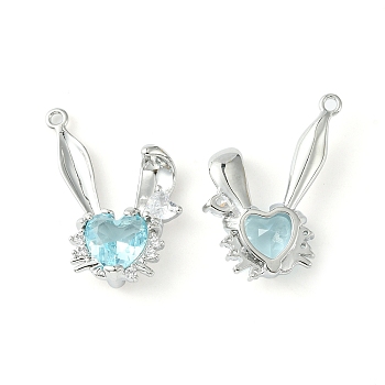 Brass Micro Pave Cubic Zirconia Pendants, Rabbit Head Charm, Real Platinum Plated, Pale Turquoise, 24x20.5x5mm, Hole: 1.5mm
