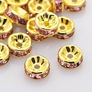 Brass Rhinestone Spacer Beads, Grade A, Straight Flange, Golden Metal Color, Rondelle, Light Rose, 6x3mm, Hole: 1mm(RB-A014-Z6mm-27G)