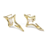 Brass with Cubic Zirconia Rhombus Stud Earrings Findings, with 925 Sterling Silver Pins, Star, Real 14K Gold Plated, 12x12x2.5mm, Hole: 1mm, Pin: 0.5mm(KK-B087-05G)