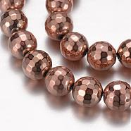 Non-Magnetic Hematite Beads Strands, Faceted, Round, Rose Gold Plated, 12mm, Hole: 1mm, about 33pcs/strand, 15.1 inch(G-D822-15)