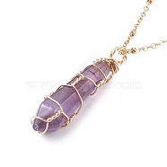 Double Pointed Natural Amethyst Pendant Necklace, Copper Wire Wrap Pendant and 304 Stainless Steel Findings Necklace, Golden, Bullet, 15.94 inch(40.5cm)(NJEW-JN03720-02)