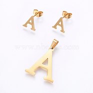 304 Stainless Steel Pendants and Stud Earrings Jewelry Sets, Alphabet, Letter.A, 20~23x13~19x1.5mm, Hole: 6x3mm, 6~10x6~9x1mm, Pin: 0.8mm(X-SJEW-P099-01G)