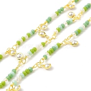 Handmade Round Glass Beaded Chain, with Gold Plated Brass Chains and CCB Pearl Charms, Long-Lasting Plated, Soldered, with Spool, Green Yellow, 25x3mm(CHC-E023-20G-01)