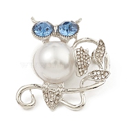 Rhinestone & ABS Plastic Imitation Pearl Owl Brooch Pin, Alloy Badge for Backpack Clothes, Silver Color Plated, 31.2x30x14.5mm(JEWB-Q030-12S)