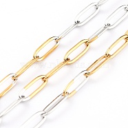 Two Tone 304 Stainless Steel Paperclip Chains, Drawn Elongated Cable Chains, Soldered, with Spool, Golden & Stainless Steel Color, 10x3x0.5mm, 32.8 Feet(10m)/roll(CHS-B001-11B)