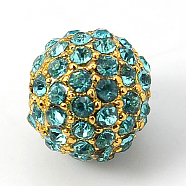 Alloy Rhinestone Beads, Grade A, Round, Golden Metal Color, Aquamarine, 10mm(RB-A034-10mm-A03G)
