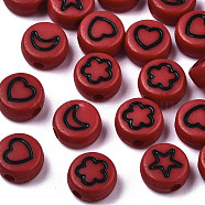 Opaque Acrylic Beads, with Enamel, Flat Round with Heart & Star & Moon & Flower, FireBrick, 7x4mm, Hole: 1.5mm(X-MACR-N008-33A)