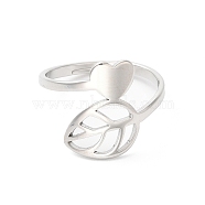 304 Stainless Steel Heart & Leaf Adjustable Ring for Women, Stainless Steel Color, Inner Diameter: 17mm(RJEW-K245-35P)