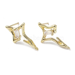 Brass with Cubic Zirconia Rhombus Stud Earrings Findings, with 925 Sterling Silver Pins, Star, Real 14K Gold Plated, 12x12x2.5mm, Hole: 1mm, Pin: 0.5mm(KK-B087-05G)