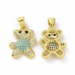 Brass Micro Pave Clear Cubic Zirconia Pendants, Bear, Light Sky Blue, 19x14x3mm, Hole: 3.5x5mm(ZIRC-F135-28G-02)