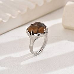 Heart-shaped Natural Tiger Eye Women's Ring, Brass Adjustable Rings, Platinum, Inner Diameter: 16~19mm(VA9361-2)