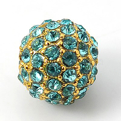 Alloy Rhinestone Beads, Grade A, Round, Golden Metal Color, Aquamarine, 10mm(RB-A034-10mm-A03G)
