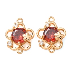 Brass Pave Cubic Zirconia Connector Charms, Flower Links, Real 18K Gold Plated, Red, 16.5x13x5mm, Hole: 1.2mm and 1.4mm(CU-CBAEC99-16G-01)