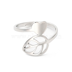 Non-Tarnish 304 Stainless Steel Heart & Leaf Adjustable Ring for Women, Stainless Steel Color, Inner Diameter: 17mm(RJEW-K245-35P)